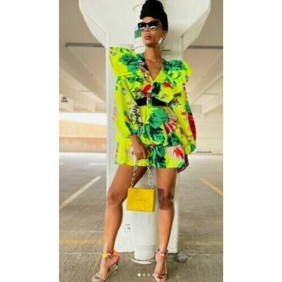 CHRISTOPHER JOHN ROGERS YELLOW FLORAL LONG SLEEVE RUFFLE DRESS SIZE 2 - Picture 4 of 4